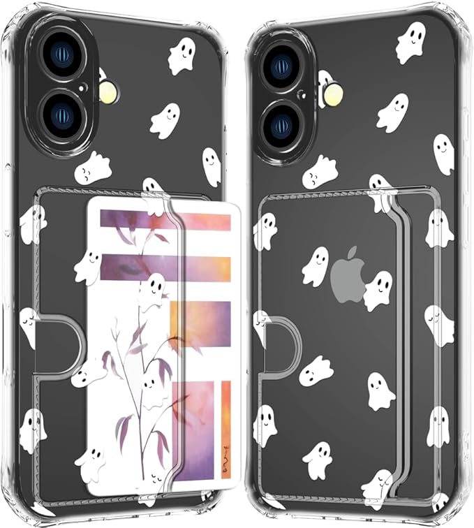 Compatible with iPhone 16 Plus Case Card Holder for Women Cute Design,Wallet Phone Cases Transparent Cool Kawaii Protective (Clear Ghosts Halloween Hallowmas)
