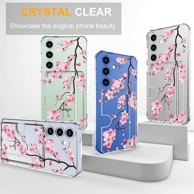 Compatible with Samsung Galaxy S24+ Plus / S25+ Plus Case Card Holder for Women Cute Design,Wallet Phone Cases Transparent Cool Kawaii Protective (Clear Sakura Peach Cherry)