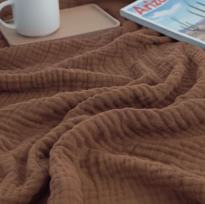 KyraHome Muslin Blankets for Adults, 60"x80" Large 100% Cotton Throw Blanket, Plant Dyed Lightweight Breathable Gauze Summer Blanket for Couch, Napping, Picnic, All Season (Brown)