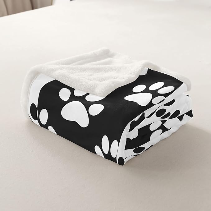 Dog Paws Print Kids Throw Blanket, Cute Animals Pets Geometric Waves Patchwork Fleece for Girls Boys Adults, Black White Fuzzy, 50 x 60 Inches