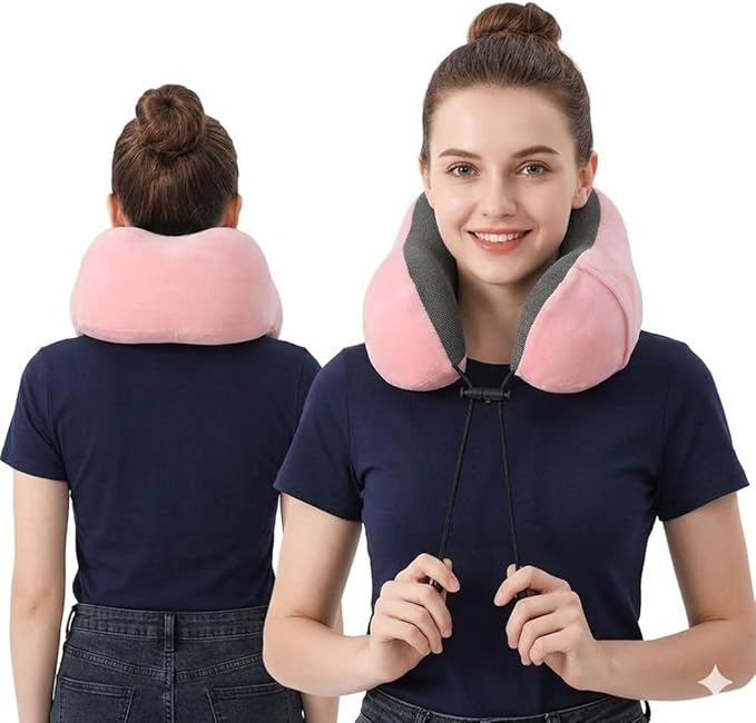 Airplane Travel Neck Pillow, 100% Memory Foam Ergonomic Neck Support, Airplanes Neck Pillow with Washable Cover Travel Essential for Flight Car & Office Includes Eye Masks, Earplugs & Carry Bag (Pink)