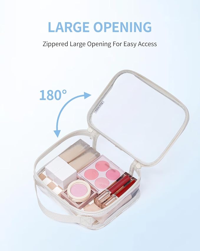 Narwey TSA Approved Clear Toiletry Bag for Travel Waterproof PVC Clear Makeup Bags, Portable Compact Cosmetic Bag Make Up Organizer, Airport Airline Quart Size Compliant Bag (Light Brown Checkerboard)