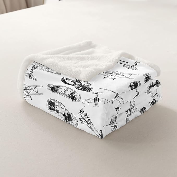 Airplane Kids Throw Blanket,American Aircraft Tank Toddler Bed Blanket for Girls Boys Adults,Hand-Painted Sketch Racing Car Fleece Blanket,Black White Fuzzy Blanket,40 x 50 Inches