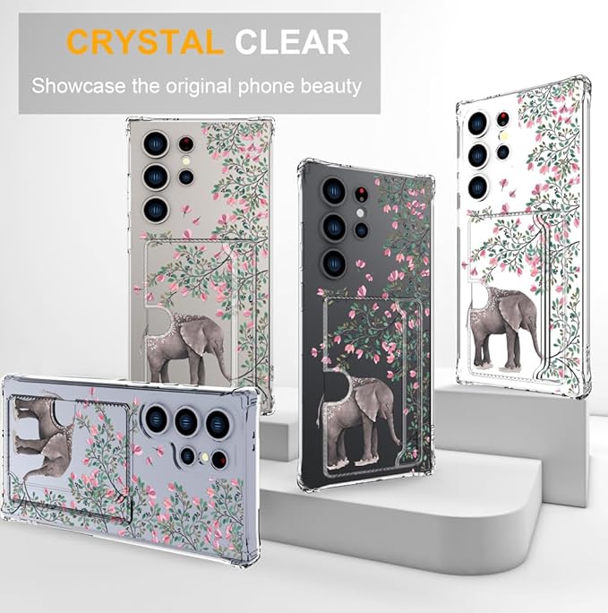 Compatible with Samsung Galaxy S24 Ultra Case Card Holder for Women Cute Design,Wallet Phone Cases Transparent Cool Kawaii Protective (Clear Elephant Flowers)