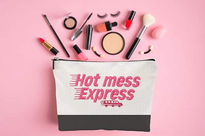ZUYUROU Funny Makeup Bag for Women - Hot Mess Express Sassy Pink Quote Pouch - Y2K Preppy Style Canvas Cosmetic Organizer - Hilarious Gift for Best Friend, Busy Mom & College Student