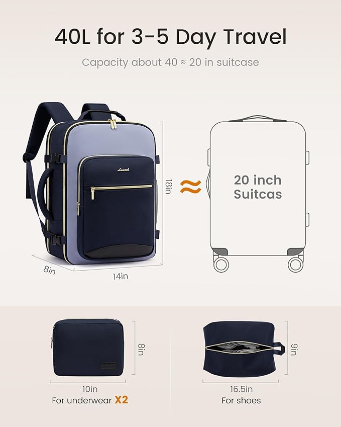 LOVEVOOK 40L Large Travel Backpack for Women, Carry on Backpack Airline Approved, Waterproof Travel Essentials fits 18" Laptop, TSA Personal Item Travels Bag Sports Backpack with 3 Packing Cubes
