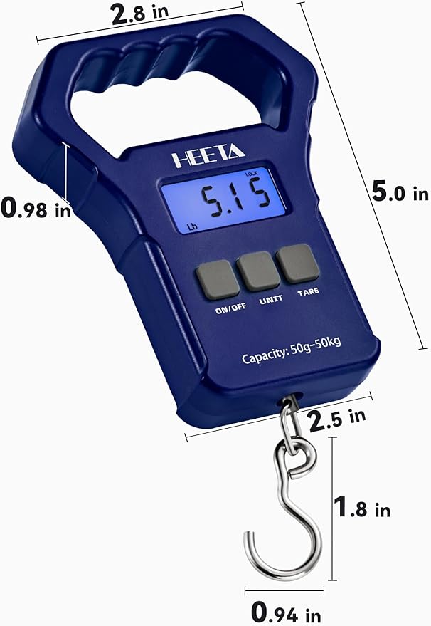 HEETA Fish Scale, 110lb/50kg Digital Portable Hanging Fishing Weight Scale with Backlit LCD Display, Luggage Scale with Hook, Non-Slip Large ABS Handle & 2 AAA Batteries, Fishing Gifts Gear for Men