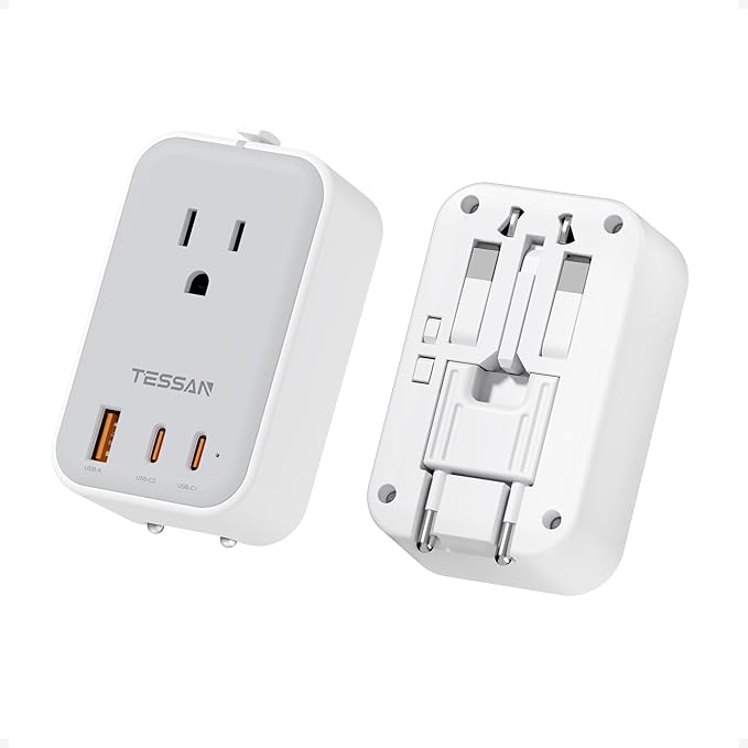 TESSAN Universal Travel Adapter PD 20W, Ultra Thin International Power Adapter 2 USB C 1 USB A, Worldwide Power Plug Adaptor for USA to European UK Italy Ireland New Zealand (Type C/G/A/I), Grey