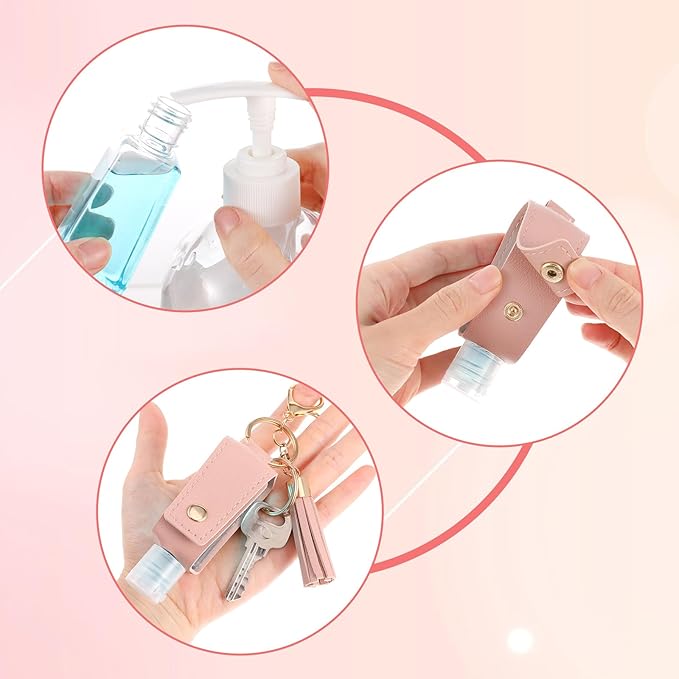 2Pcs Portable Leather Hand Sanitizer Holder, Travel Size Keychain Case Refillable Bottle for Toiletry Lotion Liquid Soap Shampoo (Black, Pink)