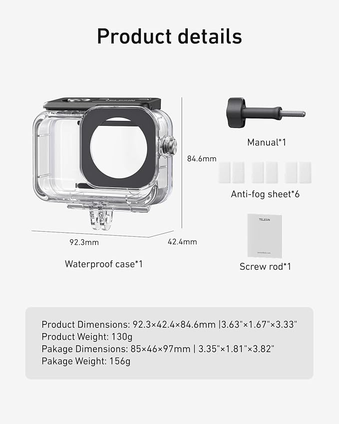 TELESIN Waterproof Case with Anti-Fog for DJI Osmo Action 6 Camera, Underwater Housing Shell Cage Supports 60M/196FT Deep Diving Scuba Snorkeling with Quick Release Bracket Screw Action 6 Accessories