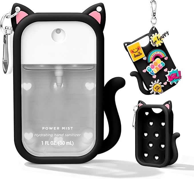 Cat Silicone Case for Touchland Hand Sanitizer Spray with Keychain, Compatible with Power Mist & Glow Mist 1 FL Oz/30ML for Touchland Case, with Charms Accessory Cute Travel Cover Sleeve Black