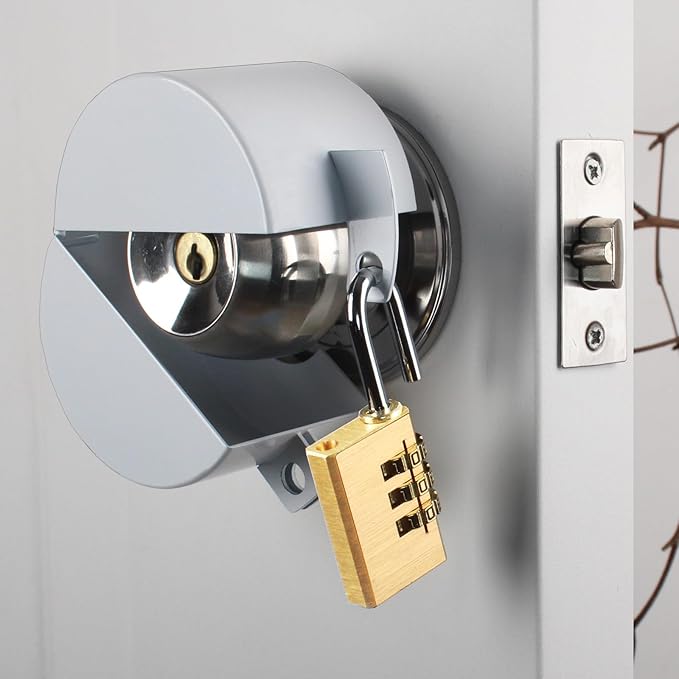 Door Knob with Lock,Without Drilling,Dementia Door Handle Lock，from Outside Prevents Turning of Door Knob and Access to Keyhole,for Apartment Evictions，Childproof (White with Padlock)