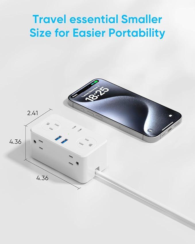 Kakyanill European Travel Plug Adapter, EU/UK/US Travel Adapter Power Strip, 6 AC Outlets, 65W USB C Power Delivery, 3ft Wrapped Around Extension Cord, Compact for Travel