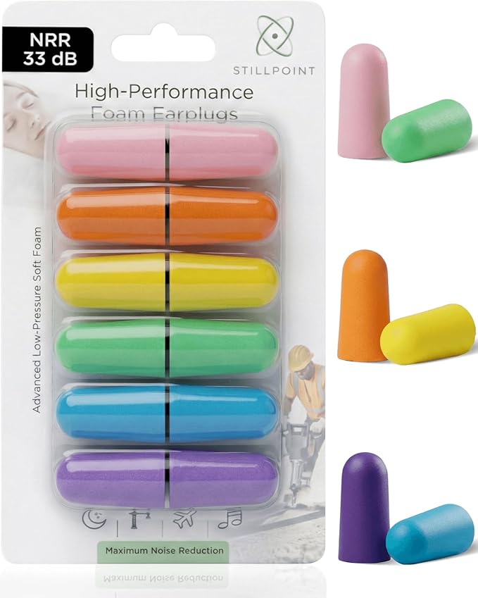 Happy Hippo Soft Foam Earplugs, 33 dB NRR, 6 Pair 12 Ear Plugs, Maximum Protection for Sleeping; Silence Snoring, Airplanes, Airports, Power Tools, Phone Conversations, Loud Work Environments (Neon)