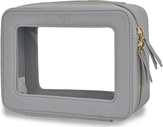 NGIL Clear Faux Leather Travel Toiletry Bag, Makeup Bag Organizer for Women, Clear Window & Gold Zipper Makeup Bag, Road Trip Essential, Skincare, Cruise Ship Essentials (Grey)