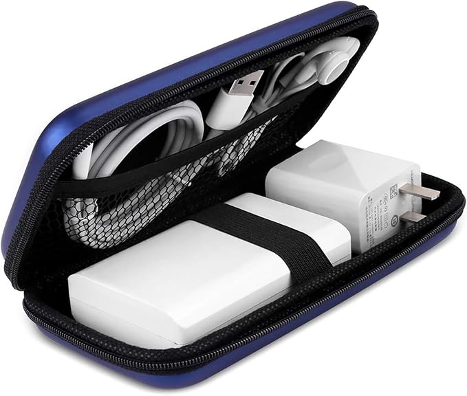 iMangoo Travel Essential Electronics Organizer Pouch Charger Case, Shockproof Dual Zipper Power Bank Cables Tech Accessories Purse, Men & Women Travel Must Have Storage Bag, 6.5x3.2x1 inch Blue