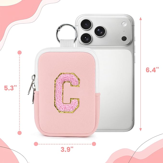 Shenier Alphabet Zippered Case with Keychain, Cute Design, Compatible with Touchland Power Mist Gentle/Glow Mist Hand Sanitizer Spray, Pink-C