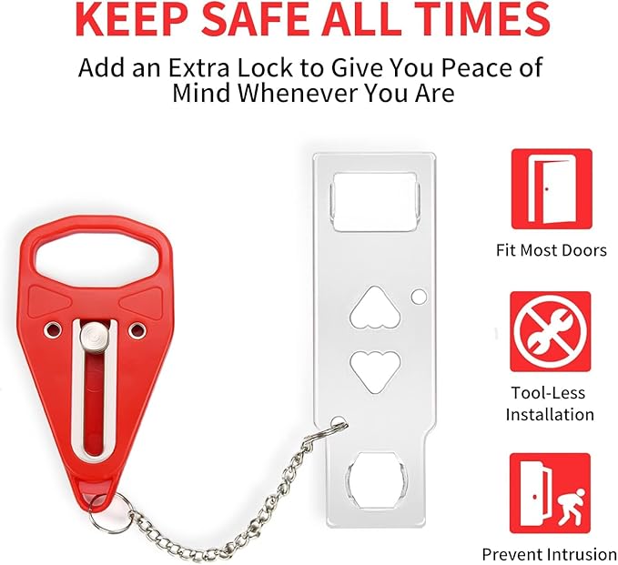 Rerishom Portable Door Lock Extra Lock for Additional Privacy and Safety in Home, Hotel, Apartment, AirBNB - Red
