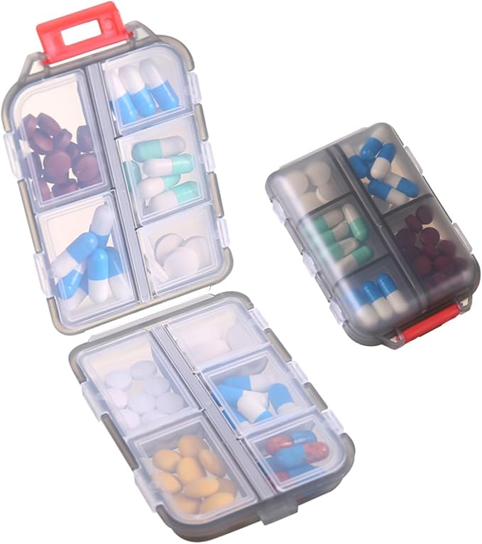 1Pack Travel Pill Organizer - 10 Compartments Pill Case, Compact and Portable Pill Box, Perfect for On-The-Go Storage, Pill Holder for Purse (Gray with 156 Stickers)