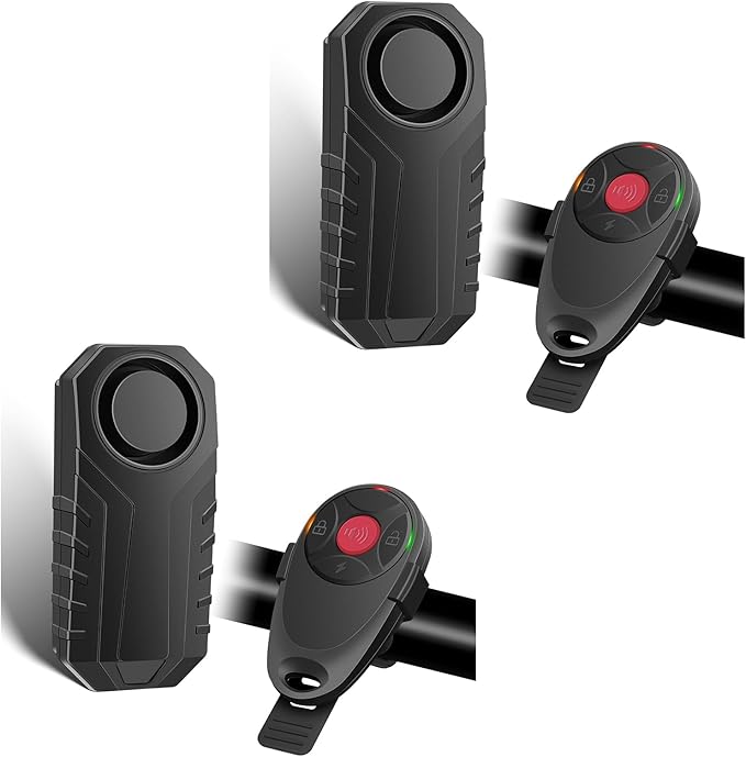 USUPERINK 2PK Bike Alarm with Remote, 113dB Bike Alarm,Ebike Alarm with Remote for Motorcycle Moped Scooter IP65 Waterproof Adjustable Volume Sensitivity Universal Remote Strap for All Handlebar Sizes