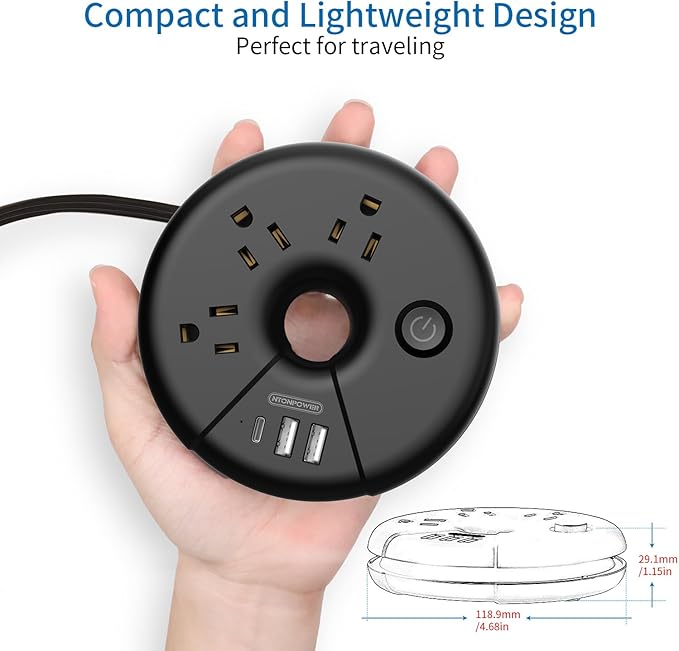 Travel Power Strip, NTONPOWER Portable Charging Station 3 USB Without Surge Protector Short Extension Cord 15 inches Compact for Home, Office, Cruise Ships, Business Trip, Hotels, Black