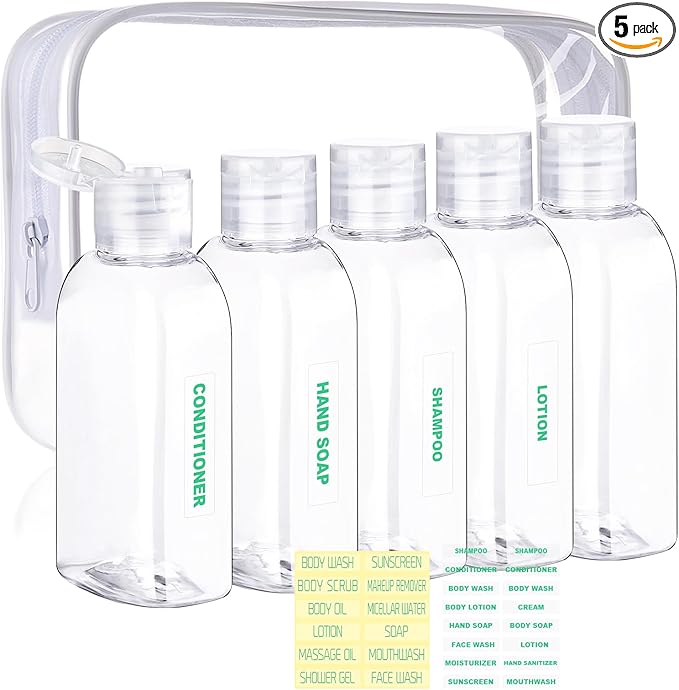 Cosywell Travel Shampoo Bottles 5pcs 3.4oz TSA Approved Travel Bottles for Toiletries Leak Proof Small Plastic Squeeze Bottle Refillable Lotion Containers with Flip Cap(Clear)