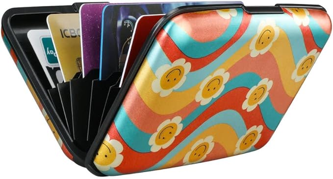 ELFISH Mini RFID Aluminum Wallet Credit Cards Holder Business Card Case Metal ID Case for Men Women（Smile Flower