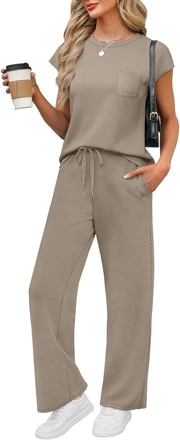 WIHOLL 2 Piece Sets for Women Casual Summer Travel Vacation Outfits Cap Sleeve Lounge Set