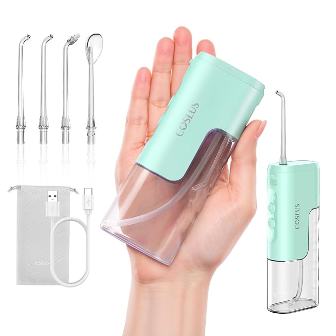 COSLUS T40 Mini Water Flosser for Travel: Portable Lightweight Design Cordless Oral Irrigator with Removable Tank & 4 Modes, IPX7 Waterproof for Braces, Sensitive Teeth Travelers & Family Use, Green