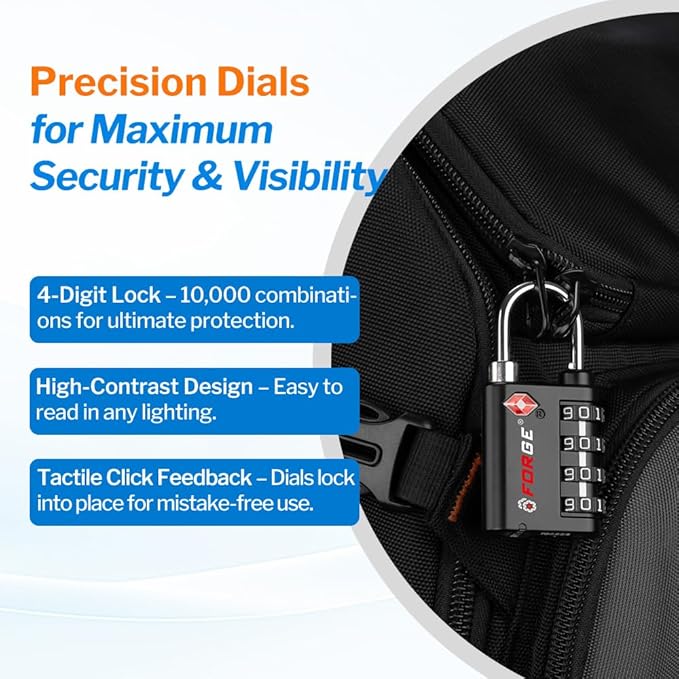 Forge Dual-Opening: Key or Combination Lock, TSA Approved Lock for Luggage, Pelican case, Travel, Gym, School, Luggage Combination Lock, Travel Bag Lock (Black 6 Pk)