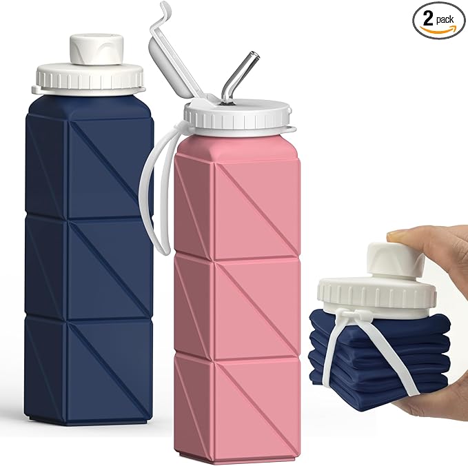 BEAUTAIL Collapsible Water Bottles 20.6oz 2 Pack, Silicone Foldable Portable Travel Water Bottle, BPA-Free Reusable Leakproof for Travel Camping Hiking Cycling Yoga Sports Outdoor (Darkblue+Pink)
