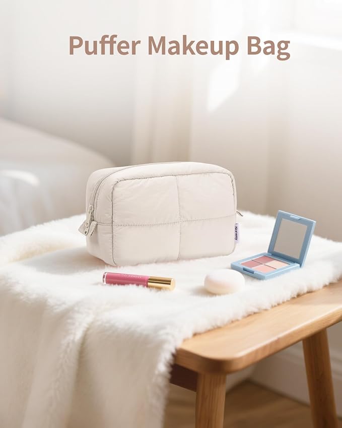 Narwey Puffy Makeup Bag for Travel Women Girl, Quilted Makeup Bag Cosmetic Bag, Cute Puffer Make up Organizer Bags, Travel Toiletry Bag Toiletries (Beige)