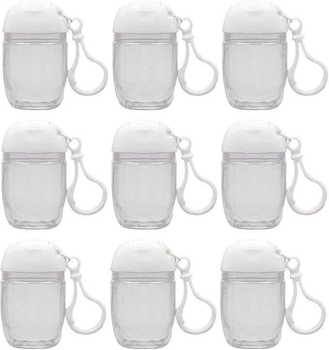 10 Pcs 1Oz 30ml Clear Empty Bottles Hand Sanitizer Travel Holder Hook Keychain Carriers White Flip Cap Reusable Portable Empty Bottle Refillable Cosmetic Container for Liquid Lotions Creams