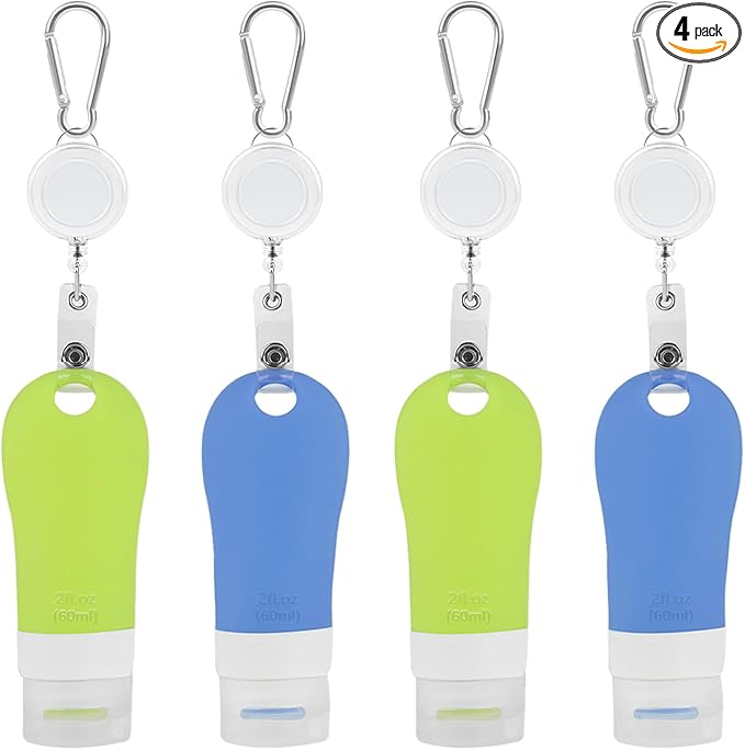 LUEXBOX 4 PACK Portable Travel Bottle Set, Leakproof Silicone Bottles with Stretchable Lanyard, Travel Sized Empty Liquid Bottles Container, Reusable, Squeezable and Refillable (Blue & Green)