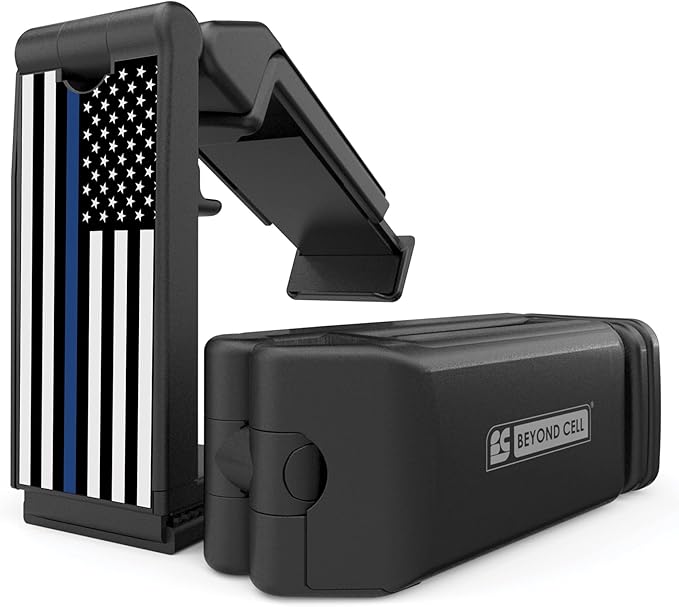 Beyond Cell Travel Accessories, Universal Seat Back Tray Table Hands Free Phone Clip Holder, Adjustable Pocket Size Airplane Travel Essentials Compatible with iPhone and Android Thin Blue Line Flag