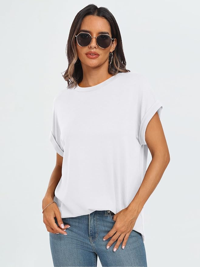 AUTOMET Women's Oversized Short Sleeve T Shirts Casual Drop Shoulder Rolled Cuff Summer Tops for Work, Travel and Lounge
