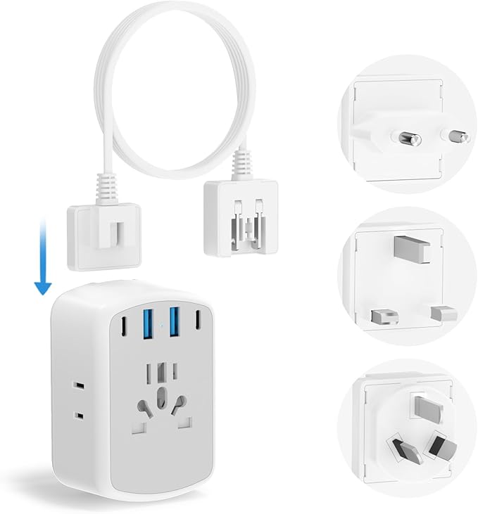 Kakyanill Universal Travel Adapter, Type A/C/G/I Plug Adapter, 5ft Detachable Extension Cord, 3 AC Outlets, 4 USB Ports (2 USB C), UK Europe Australia International Power Adapter