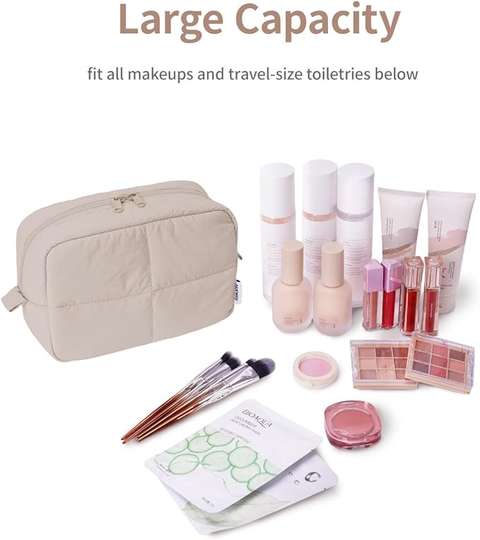 Narwey Travel Makeup Bag for Women Girl, Quilted Makeup Bag Cosmetic Make up Organizer Bags, Cute Small Travel Toiletry Bag for Toiletries (Khaki)