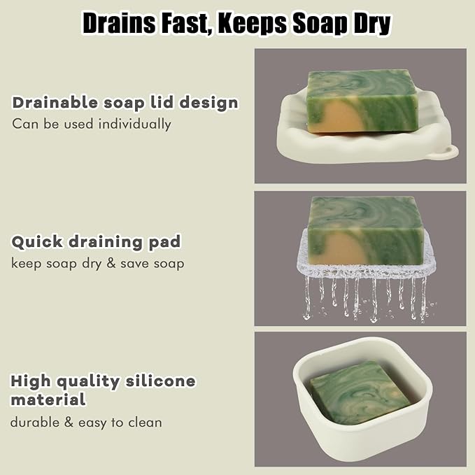 Travel Soap Case, Square Silicone Travel Soap Container, Leakproof Soap Holder with Lid, Shatterproof Shampoo Bar Holder for Bathroom, Gym, Camp(Off White)