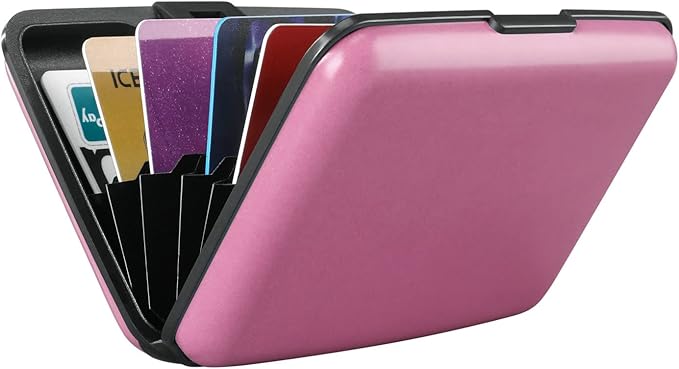 ELFISH RFID Blocking Credit Card Protector Aluminum ID Case Hard Shell Business Card Holders Metal Wallet for Men or Women（Matte Pink