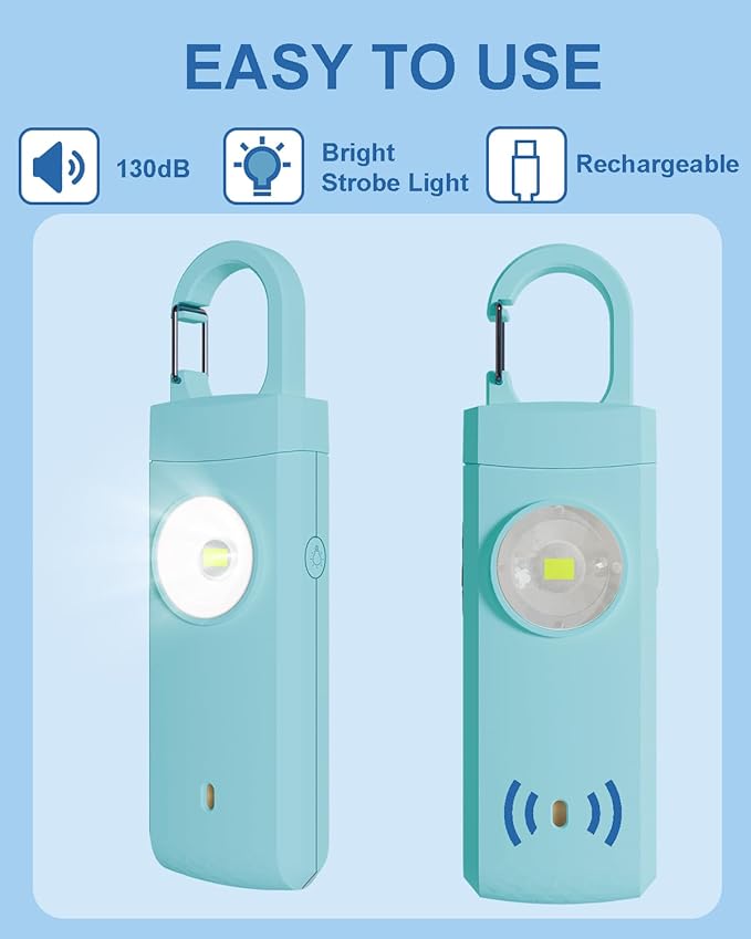 Rechargeable Personal Safety Alarm for Women, Loud Siren Birdie Sound, Strobe SOS LED Light, USB Charging, Be Safe with Personal Alarm Keychain for Wife, Daughter, Student, Aqua