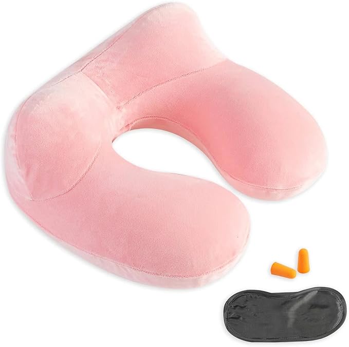 Inflatable Travel Pillow, Neck Pillow Support for Traveling, Airplanes, Cars, and Offices with Compact Carrying Bag, Soft Velvet Washable Cover, Ideal for Adult Sleepers (Pink)
