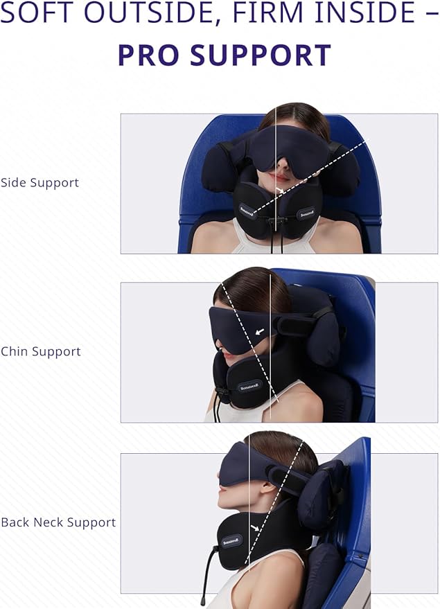 Travel Pillow, Neck Pillow Airplane with 3D Eye Mask & Seat Strap for Long Flight Sleep Road Trip, Dual-Density Supportive Foam, 360°Support Head, Neck & Chin Travel Essentials Black & Grey