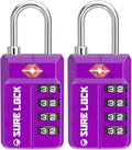 SURE LOCK TSA-Approved 4-Digit Resettable Combination Lock with Open Alert, Easy-Read Dials - for Luggage, School Lockers, Gym, Office, Toolbox & Security Cases (Dark Purple 2 Locks)