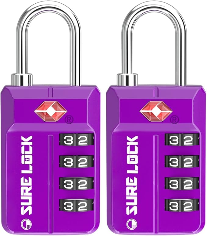 SURE LOCK TSA-Approved 4-Digit Resettable Combination Lock with Open Alert, Easy-Read Dials - for Luggage, School Lockers, Gym, Office, Toolbox & Security Cases (Dark Purple 2 Locks)