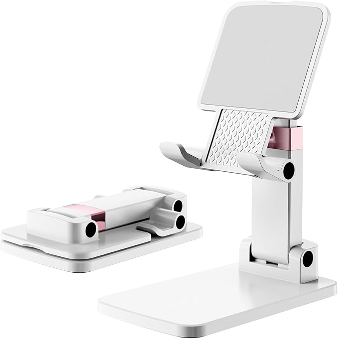 Phone Stand for Desk, Cell Phone Holder Adjustable Office Cellphone Stand for Desk Adjustable Tablet Stands Compact Design for iPhone iPad Android Devices Under 12", White