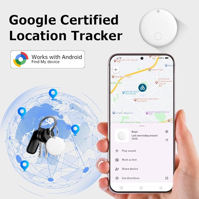 Bluetooth Tracker for Android (2Pack, White), Works with Google Find My Device App, IP67 Waterproof, Replaceable Battery, Tracker Tag for Keys, Backpack, Suitcases, Travel and Commute