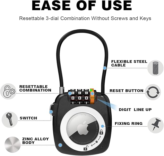 Airtag Keychain Holder with 3 Digit Combination Lock for Luggage, Suitcase, Backpack, Lockers, Travel Luggage Locks, Resettable Cable Lock with Zinc Alloy Body(Black)