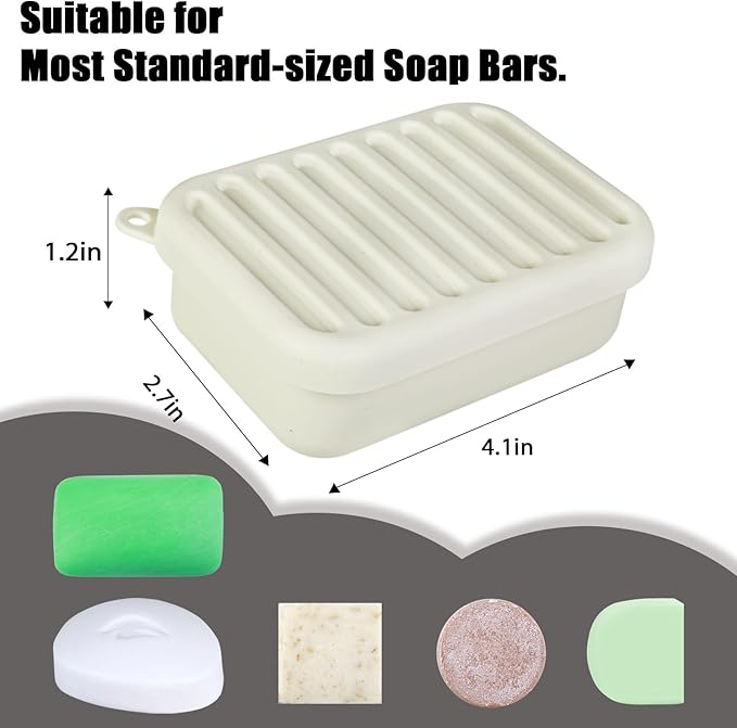 Silicone Leak-Proof Travel Soap Case, Portable Soap Container with Removable Draining Pad, Compact Soap Box for Travel, Gym, Camping, Bathroom(Off White)