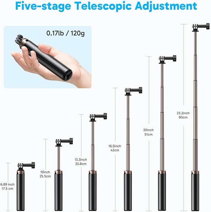 AKASO 60cm Selfie Stick Extendable Tripod Stand Compatible with AKASO, SJCAM, GoPro Hero 13/12/11/10/9/8/7/Max, DJI Osmo Action 5/4/3, and Other Action Cameras